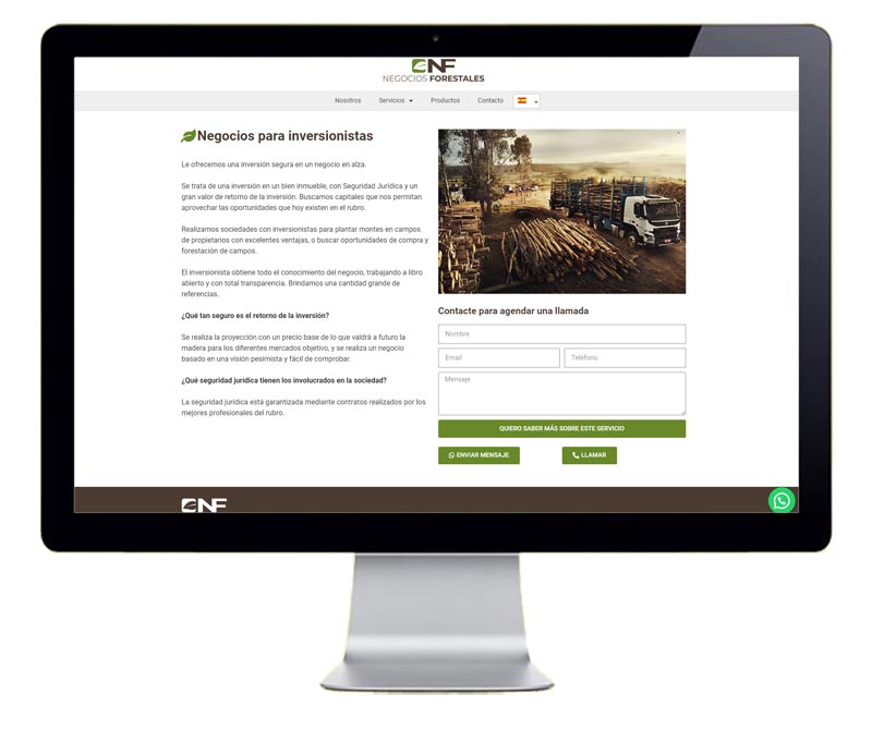 Screenshot pagina web de Negocios Forestales